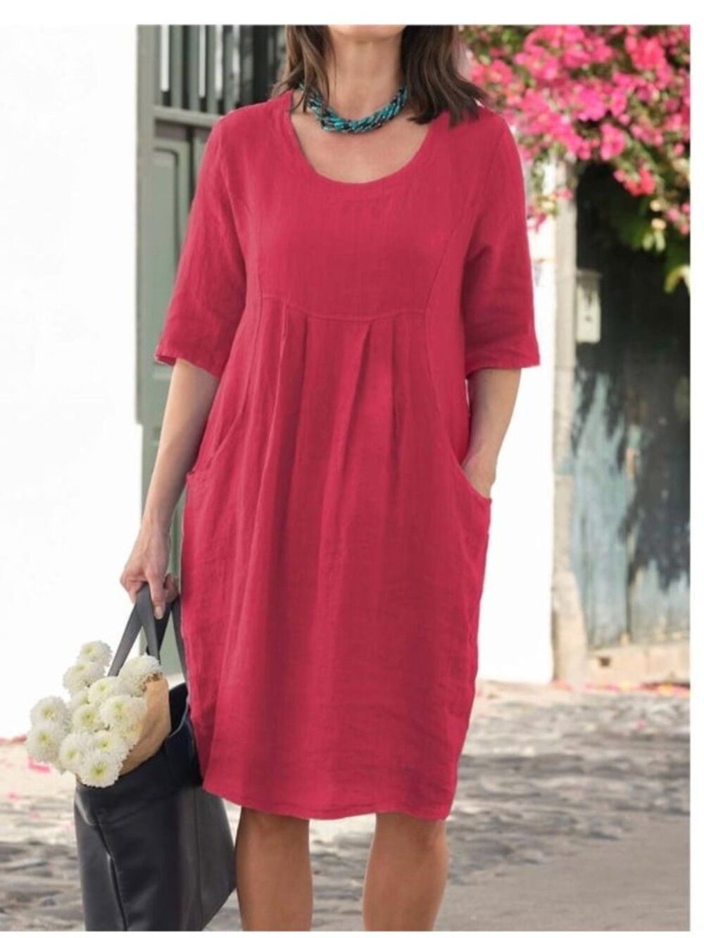 WoolOvers Fuchsia Pink Brick Red Linen Pocket Tunic Dress Size 4